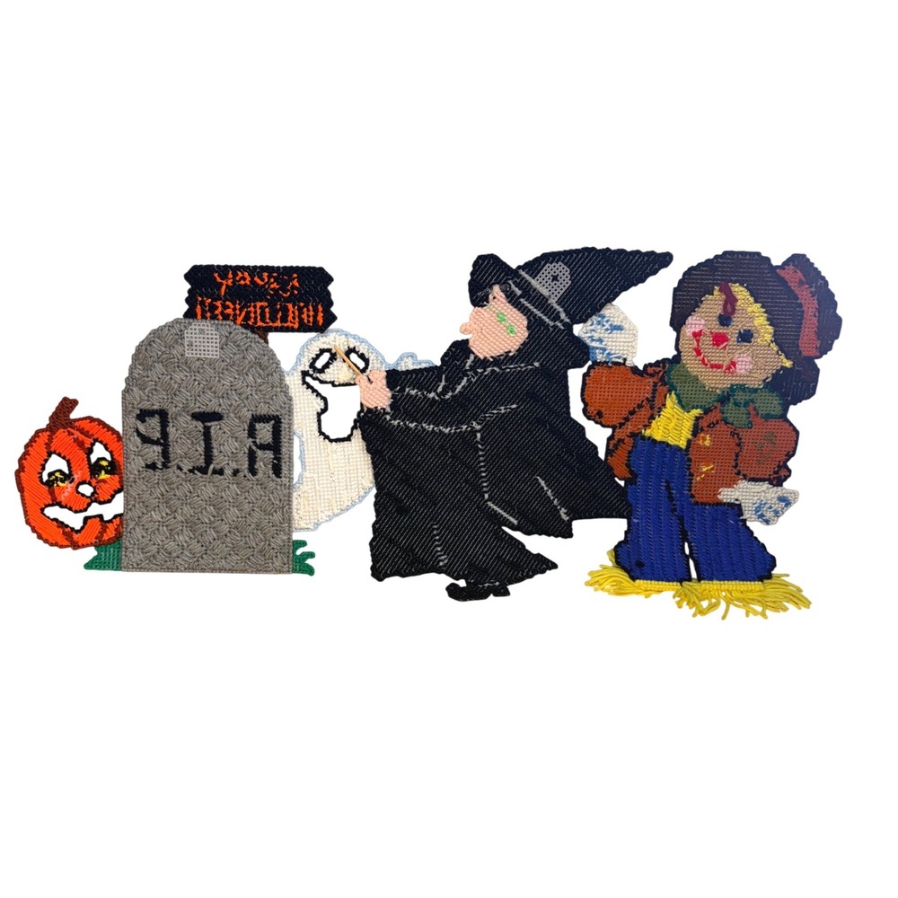 VTG Handmade Yarn Needlepoint Witch Ghost Scarecrow Tombstone Wall Hanging Decor - Picture 2 of 12
